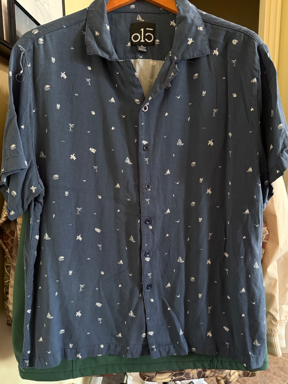 Navy Short-Sleeve Button-Up Shirt with Micro Print